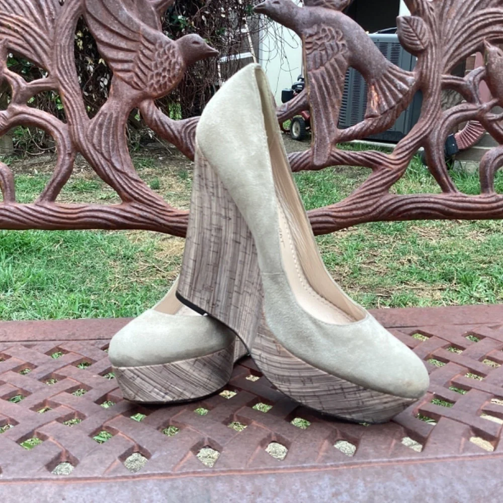 Jean Michel Cazabat Tabia Taupe Suede Leather Painted Wedge Heels Size 38